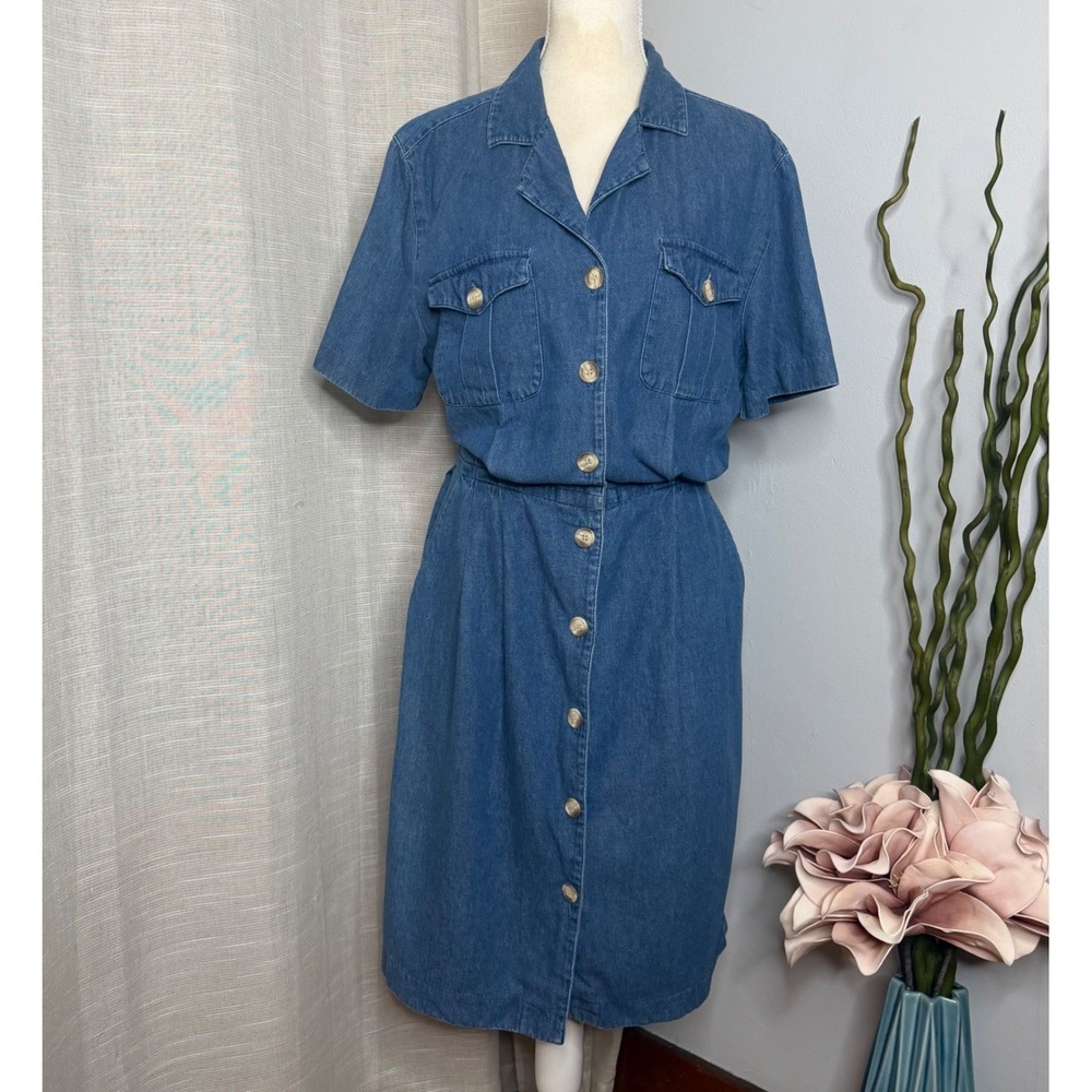 Vintage Talbots Denim Shirt Dress Button Front Elastic Waist Blue Women's 14